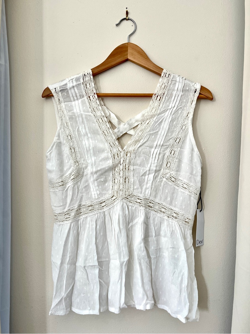 DEX White Lace Trim Boho Sleeveless Blouse XS Cottagecore Peasant Top